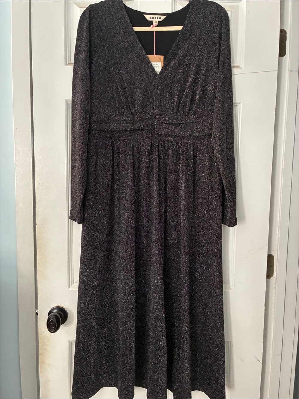 Boden Metallic Black Long-Sleeve V-Neck Midi Dress